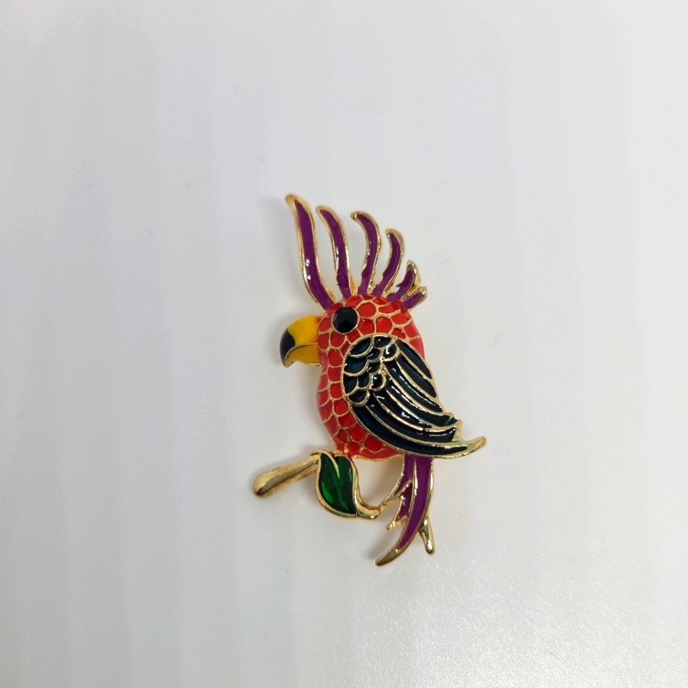Tropical Bird Brooch Multi Color Red Gold Tone Sitting On Branch